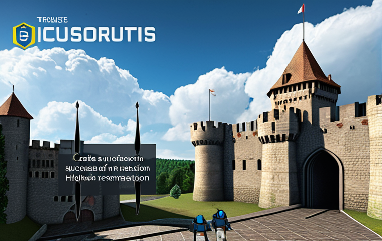 **
A medieval castle network security perimeter, with digital firewalls as castle walls, a drawbridge labeled "Multi-Factor Authentication," and guards (IDS/IPS) patrolling the ramparts. Inside, employees are attending a cybersecurity training session displayed on a holographic screen. Dark clouds representing APT threats gather on the horizon, contrasted by a bright blue sky over the protected castle.
**