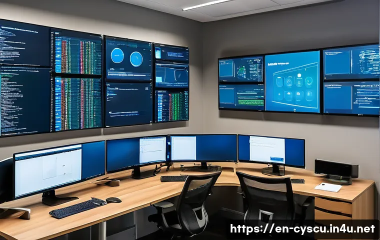 클라우드 보안 전문가로 커리어 전환하기 - A modern cloud security professional’s workspace featuring multiple monitors displaying cloud servic...