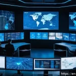 사이버보안 관련 최신 기술 연구 - A futuristic cybersecurity operations center with diverse professionals monitoring multiple large tr...