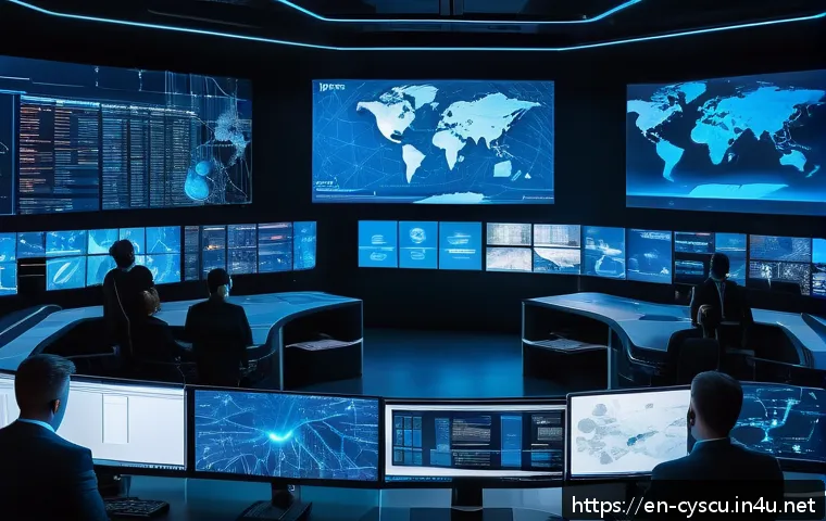 사이버보안 관련 최신 기술 연구 - A futuristic cybersecurity operations center with diverse professionals monitoring multiple large tr...